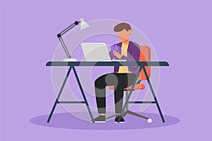 Cartoon flat style drawing young man sitting on chair and typing entering credit card code on laptop around desk. Digital payment