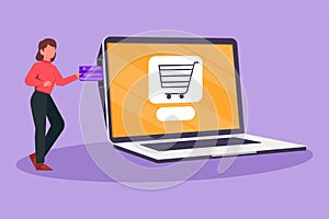 Cartoon flat style drawing young woman inserting credit card into big laptop screen with shopping cart inside. E-commerce, digital