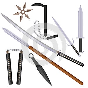 Cartoon flat style ninja weapons with shadows set: sword, sai, nunchaku and shurikens. vector illustration