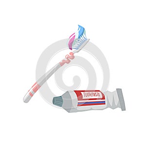 Cartoon flat style tooth care icons set. Tube with toothpaste and white toothbrush.