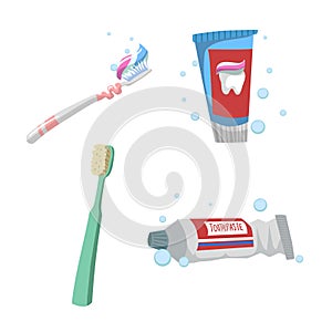 Cartoon flat style tooth care icons set. Tubes with toothpaste and different colors toothbrushes.