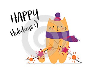 Cute cat in hat and scarf with wreath in his hands. Happy Holidays greetings vector cartoon animal illustration card