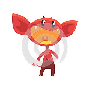 Cartoon flat vector illustration of devil with little horns, big ears, tail and shiny eyes. Red demon with pleasantly