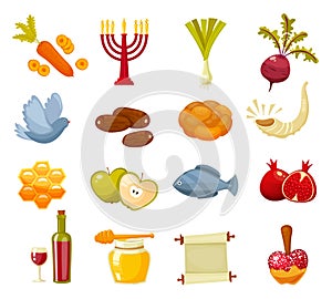Cartoon flat vector illustration of icons for Jewish new year holiday Rosh Hashanah. photo