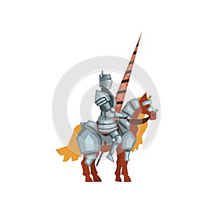 Cartoon flatvector icon of royal knight on horseback with lance in hand. Brave warrior wearing shiny iron armor
