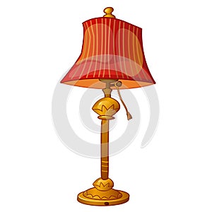 Cartoon floor lamp with red shade in vintage style isolated on white background. Vector close-up illustration.