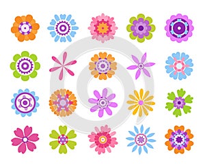 Cartoon flower icons. Summer cute girly stickers, modern flowers clip art icon set. Vector pretty nature graphic photo
