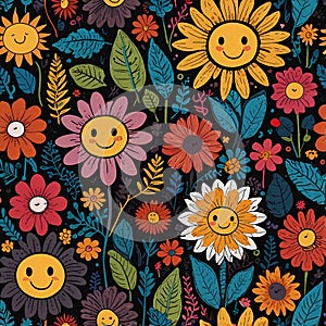 Cartoon Flower and Plant Pattern with Cute Smiley Faces â Childish, Fun, and Colorful Design photo