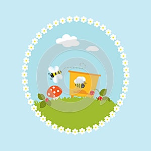 Cartoon flowers beehive fruits garden art vector