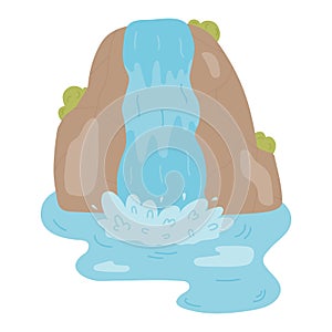 Cartoon flowing waterfall, river, mountains vector