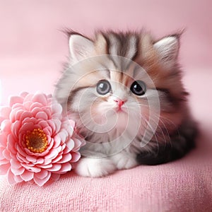 Cartoon fluffy baby kitten with big eyes and a pink flower