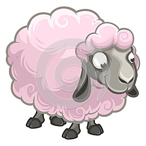 Cartoon fluffy funny sheep stands alone. Isolated