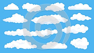 Cartoon fluffy white clouds on summer blue sky. Cloudy weather comics elements. Simple flat abstract cloud shape for