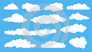 Cartoon fluffy white clouds on summer blue sky. Cloudy weather comics elements. Simple flat abstract cloud shape for game or logo