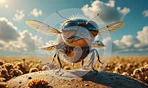 A cartoon fly with glasses on its face is standing on a rock.