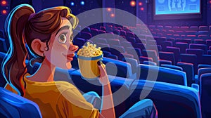 Cartoon flyers set for movie night. Young woman with pop corn bucket sits on dark theater couch watching interesting