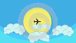Cartoon Flying Airplane Crossing The Sun in Blue Sky and Clouds