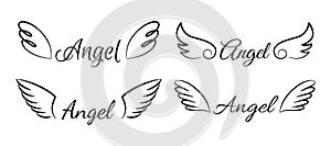 Cartoon flying angel wings. Isolated signatures and one-line drawing. Cute angelic emblems with calligraphic text