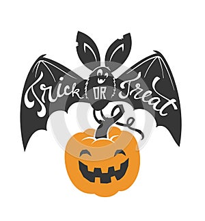 Cartoon flying bat with spread wings and Trick or Treat text written on it holding Halloween pumpkin lantern isolated on