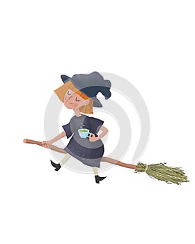 Cartoon flying Little sleepy witch on a broomstick. Cute character illustation as print design and postcard. Raster Illustration I