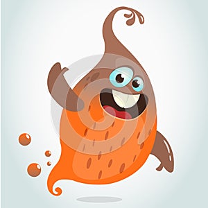 Cartoon flying monster. Vector Halloween illustration of smiling orange ghost waving.