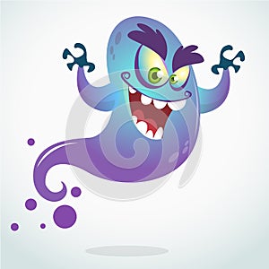 Cartoon flying monster. Vector Halloween illustration of smiling purple ghost with hands up