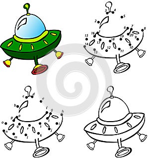 Cartoon flying saucer. Vector illustration. Coloring and dot to