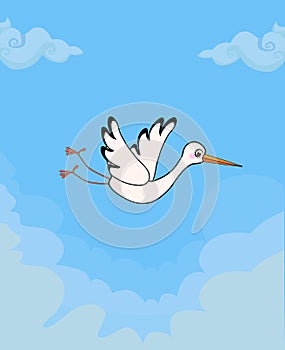 Cartoon flying stork on blue cloudy sky background.