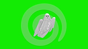 Cartoon Flying white Ghost on an green screen