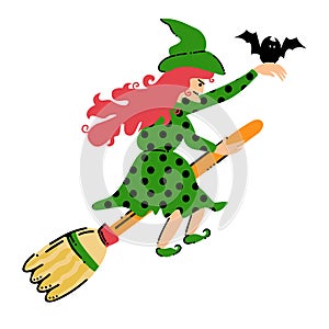 Cartoon flying witch on a broomstick with bat. Vector illustration for Halloween
