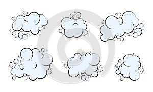 Cartoon foam and soap bubble, smoke pop, blue cloud, gas balloon vector icon, water bubbles set hand drawn, shampoo suds. Fun