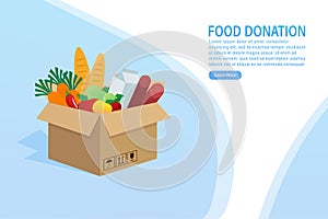 Cartoon food donation for flyer design. Food in carton box. Cartoon poster with food donation for banner design. Vector