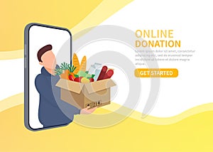 Cartoon food donation for flyer design. Food in carton box. Cartoon poster with food donation for banner design. Vector