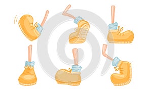 Cartoon Foot in Laced Shoe and Sock in Different Walking Poses Vector Set