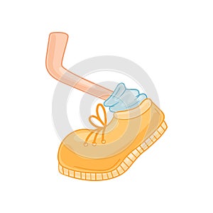 Cartoon foot in a yellow boot and a blue sock of a crook at the knee. Vector illustration on white background.