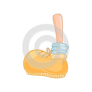 Cartoon foot in a yellow shoe and a blue sock. Vector illustration on white background.