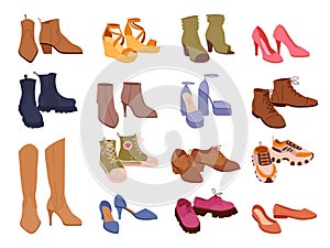 Cartoon footwear, modern shoes, boots, sneakers and clogs. Male and female fashion shoes, casual seasonal footwear vector symbols