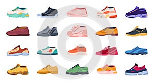 Cartoon footwear. Modern shoes for men and women. Collection of sport or casual footgear. Classical and colorful photo