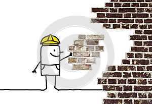 Cartoon foreman holding a missing piece for a wall