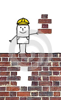 Cartoon foreman holding a missing piece for a wall