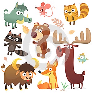 Cartoon forest animal characters. Wild cartoon cute animals collections vector. Big set of cartoon forest animals flat vector