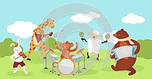 Cartoon forest animals concert. Cute zoo musicians play music with musical instruments, wild jazz band and wildlife