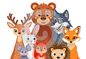 Cartoon forest animals inhabitants on a white background. Bear, wolf, fox, deer, hare, mouse, squirrel, hedgehog.Vector style photo