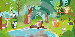 Cartoon forest animals. Wild bear, funny squirrel and cute birds on forests trees kids vector background illustration