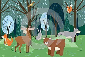 Cartoon forest animals. Wild bear, funny squirrel and cute birds on forests trees kids vector background illustration