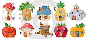 Cartoon forest fairytale mushroom gnomes or hobbit houses. Magic fairy tale characters, fantasy plants and vegetables