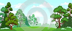 Cartoon forest glade. Green grassland, natural thriving forest field landscape and summer sky with clouds vector