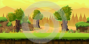 Cartoon forest landscape, endless vector nature background for games. tree, stones, art illustration