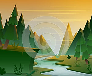 Cartoon forest landscape with mountains, river and fir-trees. Sunset or sunrise scenery background.