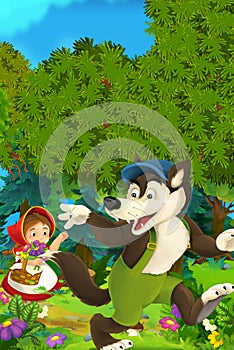 Cartoon forest scene - wolf waving little girl for goodbye - good for different fairy tales